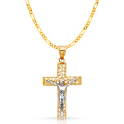 14K Gold Crucifix Cross Pendant with 3.1mm Figaro 3+1 Chain