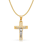 14K Gold Crucifix Cross Pendant with 1.7mm Flat Open Wheat Chain
