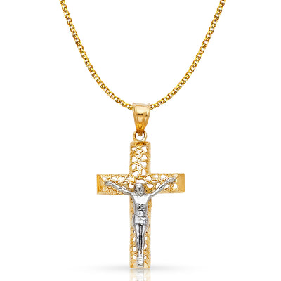 14K Gold Crucifix Cross Pendant with 1.7mm Flat Open Wheat Chain