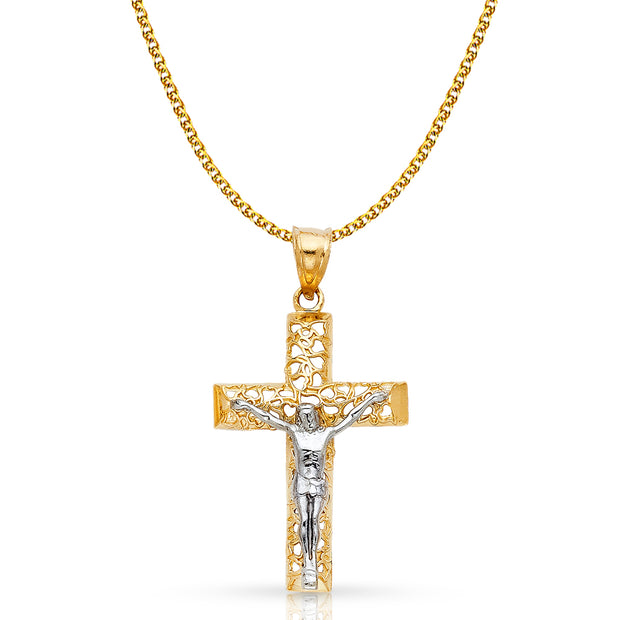 14K Gold Crucifix Cross Pendant with 1.7mm Flat Open Wheat Chain