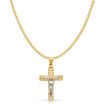 14K Gold Jesus Crucifix Cross Religious Charm Pendant with 1.2mm Box Chain Necklace