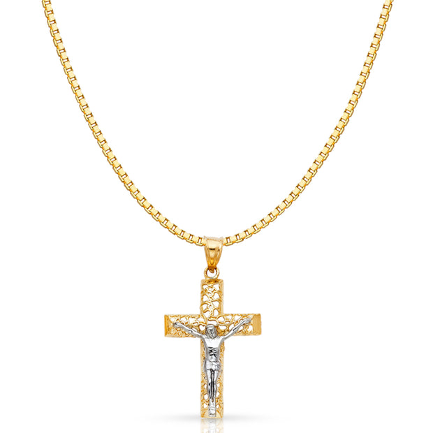 14K Gold Jesus Crucifix Cross Religious Charm Pendant with 1.2mm Box Chain Necklace