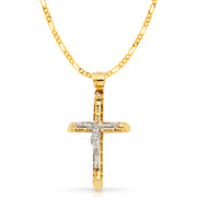 14K Gold Crucifix Cross Pendant with 3.1mm Figaro 3+1 Chain