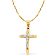 14K Gold Crucifix Cross Pendant with 1.7mm Flat Open Wheat Chain