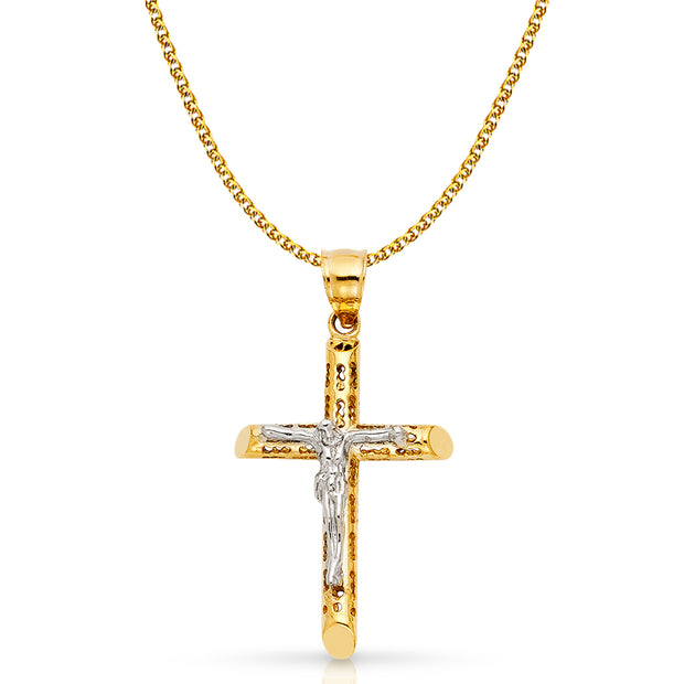 14K Gold Crucifix Cross Pendant with 1.7mm Flat Open Wheat Chain