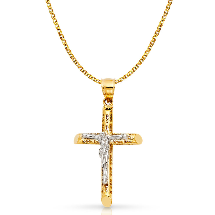 14K Gold Crucifix Cross Pendant with 1.7mm Flat Open Wheat Chain