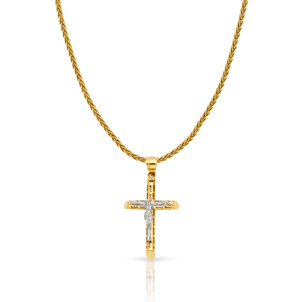 14K Gold Jesus Crucifix Cross Charm Pendant with 1.4mm Round Wheat Chain Necklace