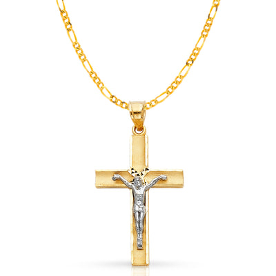 14K Gold Crucifix Cross Pendant with 3.1mm Figaro 3+1 Chain