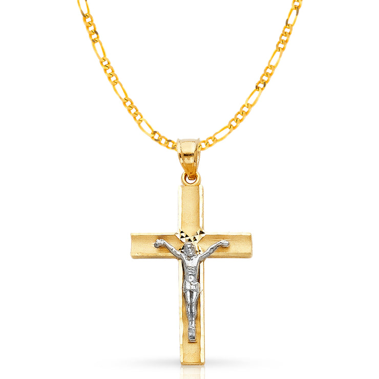 14K Gold Crucifix Cross Pendant with 3.1mm Figaro 3+1 Chain