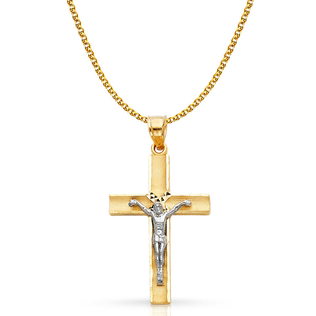 14K Gold Crucifix Cross Pendant with 1.7mm Flat Open Wheat Chain