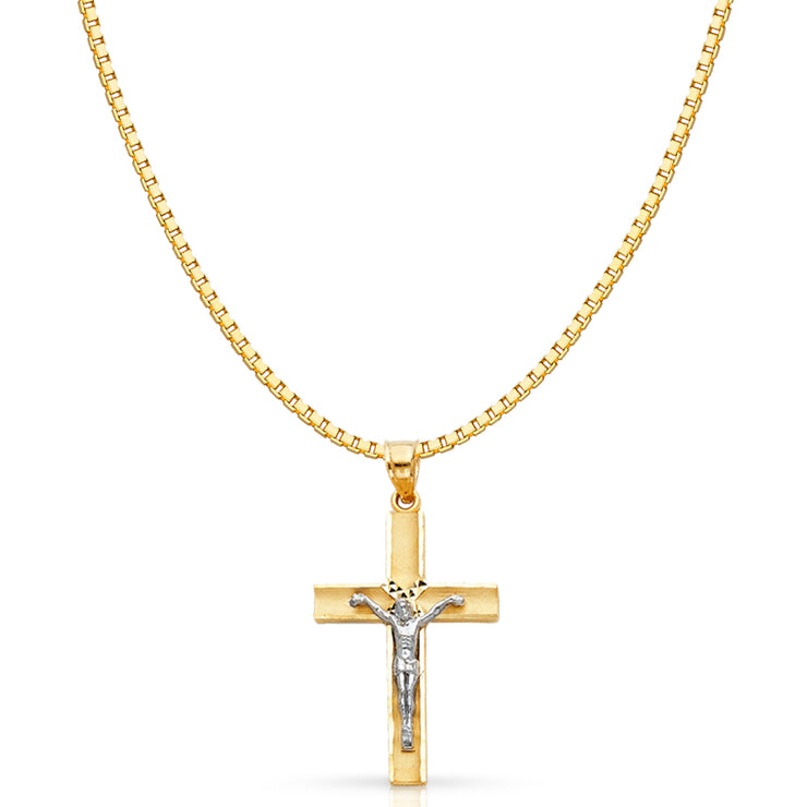 14K Gold Jesus Crucifix Cross Religious Charm Pendant with 1.2mm Box Chain Necklace