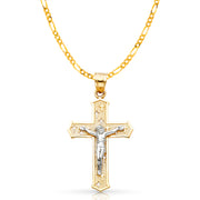 14K Gold Crucifix Cross Pendant with 3.1mm Figaro 3+1 Chain