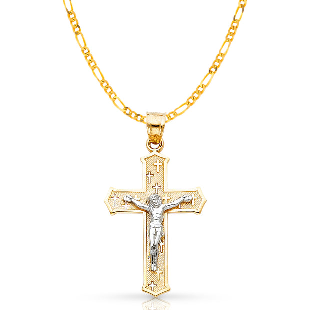 14K Gold Crucifix Cross Pendant with 3.1mm Figaro 3+1 Chain