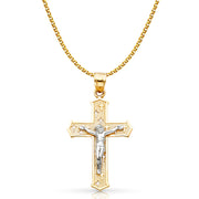 14K Gold Crucifix Cross Pendant with 1.7mm Flat Open Wheat Chain