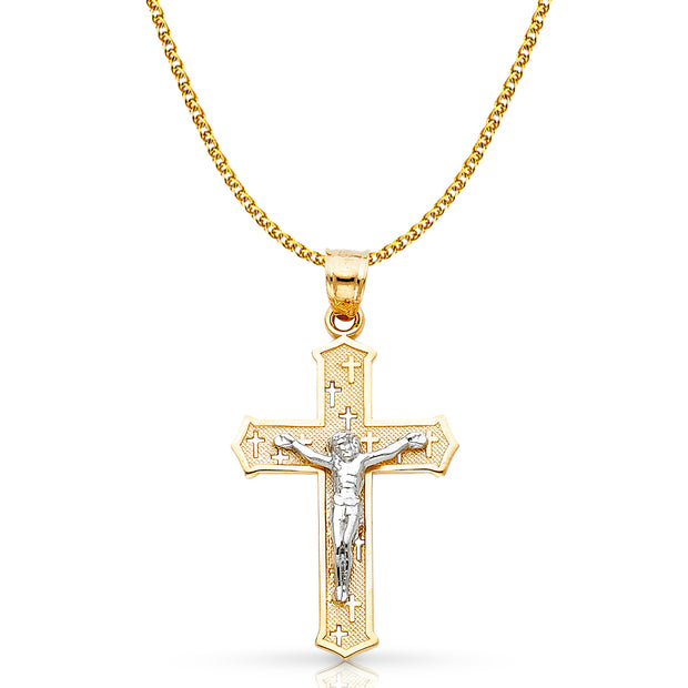 14K Gold Crucifix Cross Pendant with 1.7mm Flat Open Wheat Chain