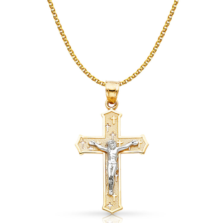 14K Gold Crucifix Cross Pendant with 1.7mm Flat Open Wheat Chain