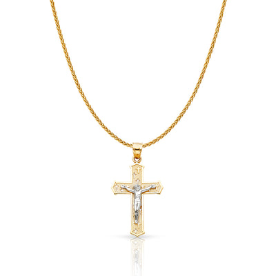 14K Gold Jesus Crucifix Cross Charm Pendant with 1.1mm Wheat Chain Necklace