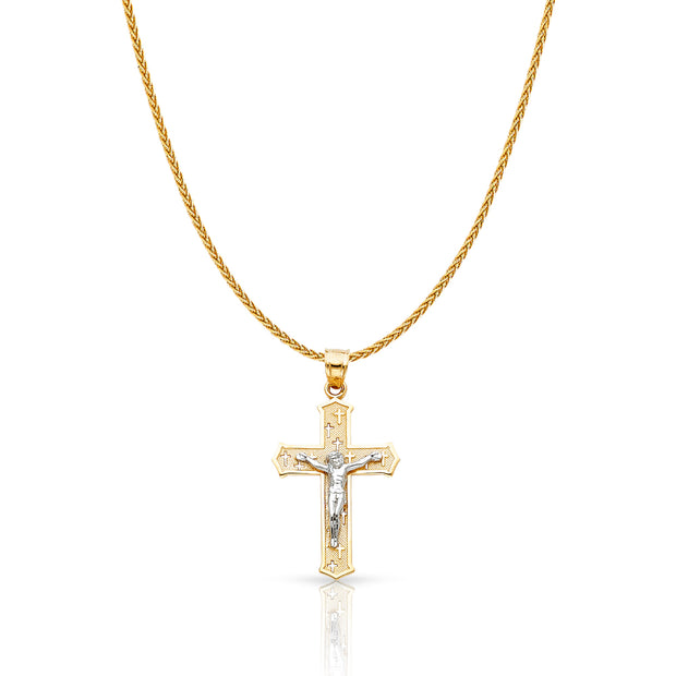 14K Gold Jesus Crucifix Cross Charm Pendant with 1.1mm Wheat Chain Necklace