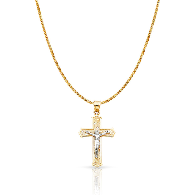 14K Gold Jesus Crucifix Cross Charm Pendant with 1.1mm Wheat Chain Necklace