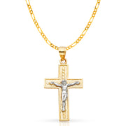 14K Gold Crucifix Cross Pendant with 3.1mm Figaro 3+1 Chain