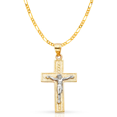 14K Gold Crucifix Cross Pendant with 3.1mm Figaro 3+1 Chain