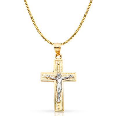 14K Gold Crucifix Cross Pendant with 1.7mm Flat Open Wheat Chain