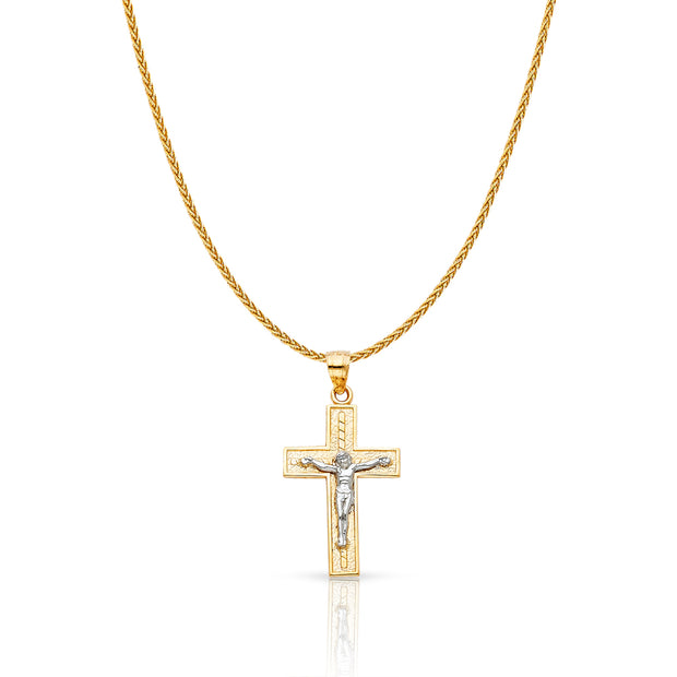 14K Gold Jesus Crucifix Cross Charm Pendant with 1.1mm Wheat Chain Necklace