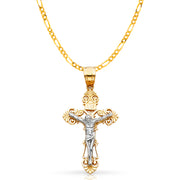 14K Gold Crucifix Cross Pendant with 2.3mm Figaro 3+1 Chain