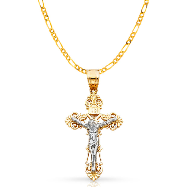 14K Gold Crucifix Cross Pendant with 2.3mm Figaro 3+1 Chain