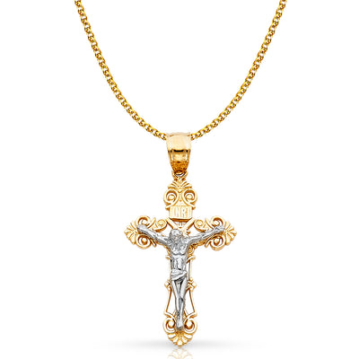 14K Gold Crucifix Cross Pendant with 1.5mm Flat Open Wheat Chain