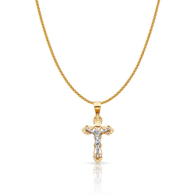 14K Gold Jesus Crucifix Cross Charm Pendant with 1.1mm Wheat Chain Necklace