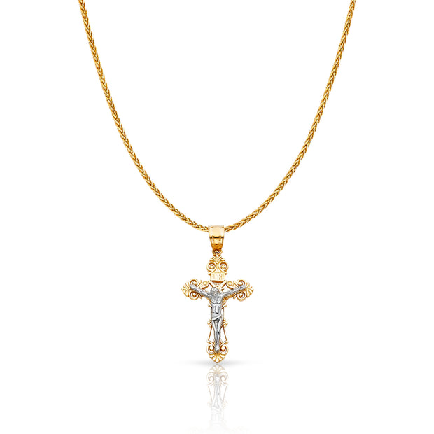 14K Gold Jesus Crucifix Cross Charm Pendant with 1.1mm Wheat Chain Necklace