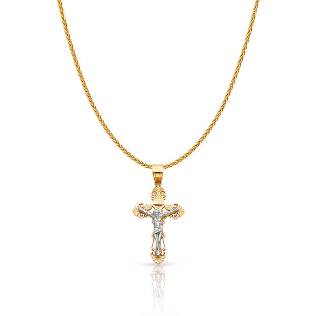 14K Gold Jesus Crucifix Cross Charm Pendant with 1.1mm Wheat Chain Necklace