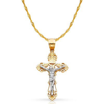 14K Gold Crucifix Cross Pendant with 1.2mm Singapore Chain