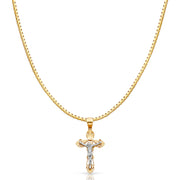 14K Gold Jesus Crucifix Cross Religious Charm Pendant with 1.2mm Box Chain Necklace