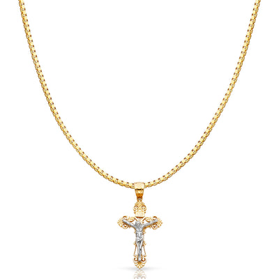 14K Gold Jesus Crucifix Cross Religious Charm Pendant with 1.2mm Box Chain Necklace