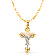 14K Gold Crucifix Cross Pendant with 3.1mm Figaro 3+1 Chain