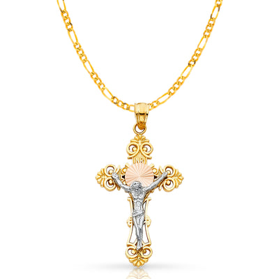 14K Gold Crucifix Cross Pendant with 3.1mm Figaro 3+1 Chain