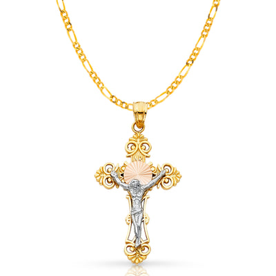 14K Gold Crucifix Cross Pendant with 3.1mm Figaro 3+1 Chain