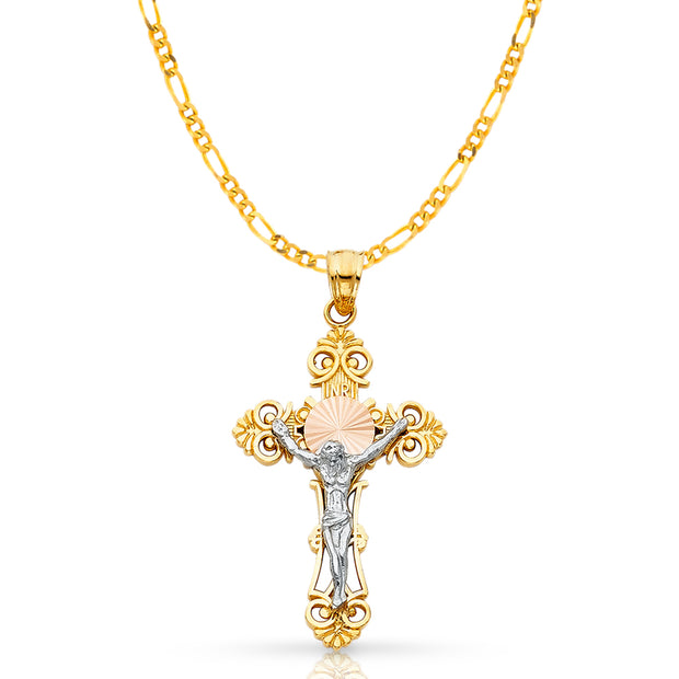 14K Gold Crucifix Cross Pendant with 3.1mm Figaro 3+1 Chain