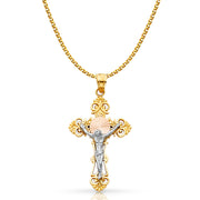 14K Gold Crucifix Cross Pendant with 1.5mm Flat Open Wheat Chain