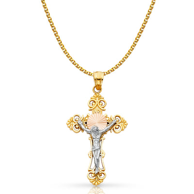 14K Gold Crucifix Cross Pendant with 1.5mm Flat Open Wheat Chain