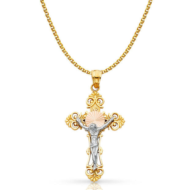 14K Gold Crucifix Cross Pendant with 1.5mm Flat Open Wheat Chain