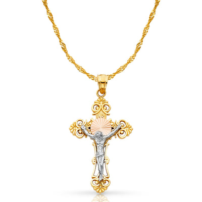 14K Gold Crucifix Cross Pendant with 1.2mm Singapore Chain