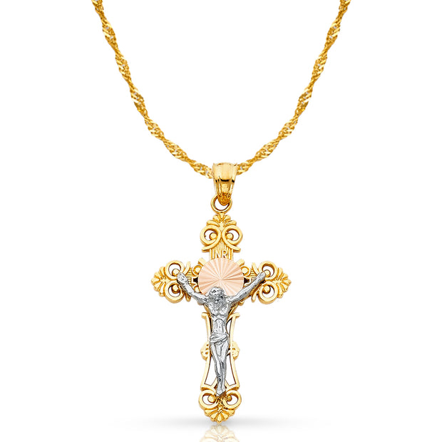 14K Gold Crucifix Cross Pendant with 1.2mm Singapore Chain