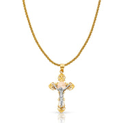 14K Gold Jesus Crucifix Cross Charm Pendant with 1.4mm Round Wheat Chain Necklace