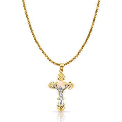 14K Gold Jesus Crucifix Cross Charm Pendant with 1.4mm Round Wheat Chain Necklace