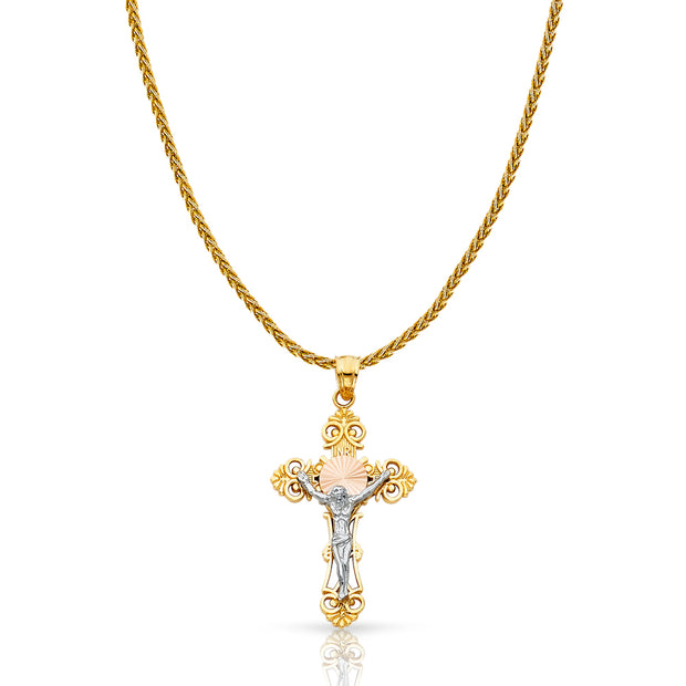 14K Gold Jesus Crucifix Cross Charm Pendant with 1.4mm Round Wheat Chain Necklace