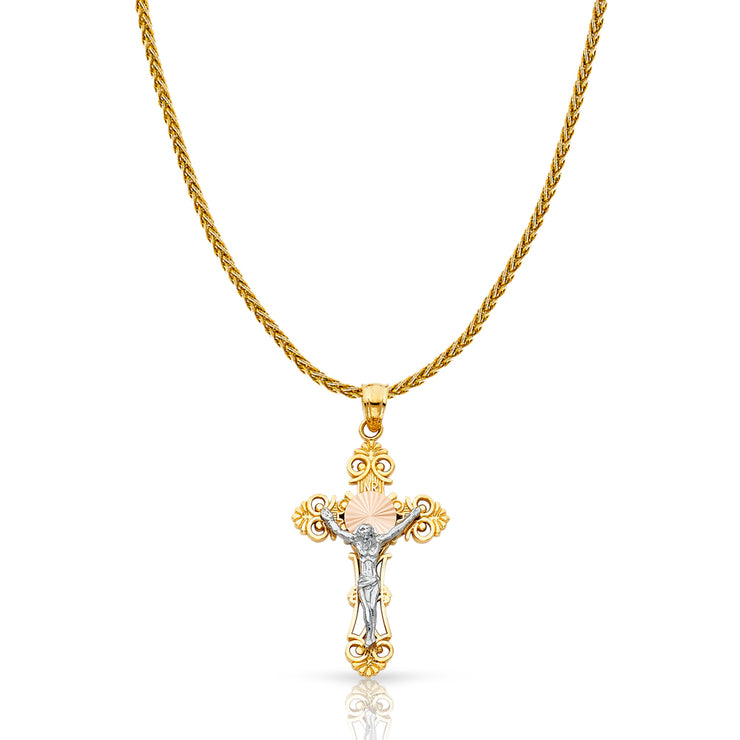 14K Gold Jesus Crucifix Cross Charm Pendant with 1.4mm Round Wheat Chain Necklace