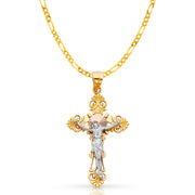 14K Gold Crucifix Cross Pendant with 3.8mm Figaro 3+1 Chain